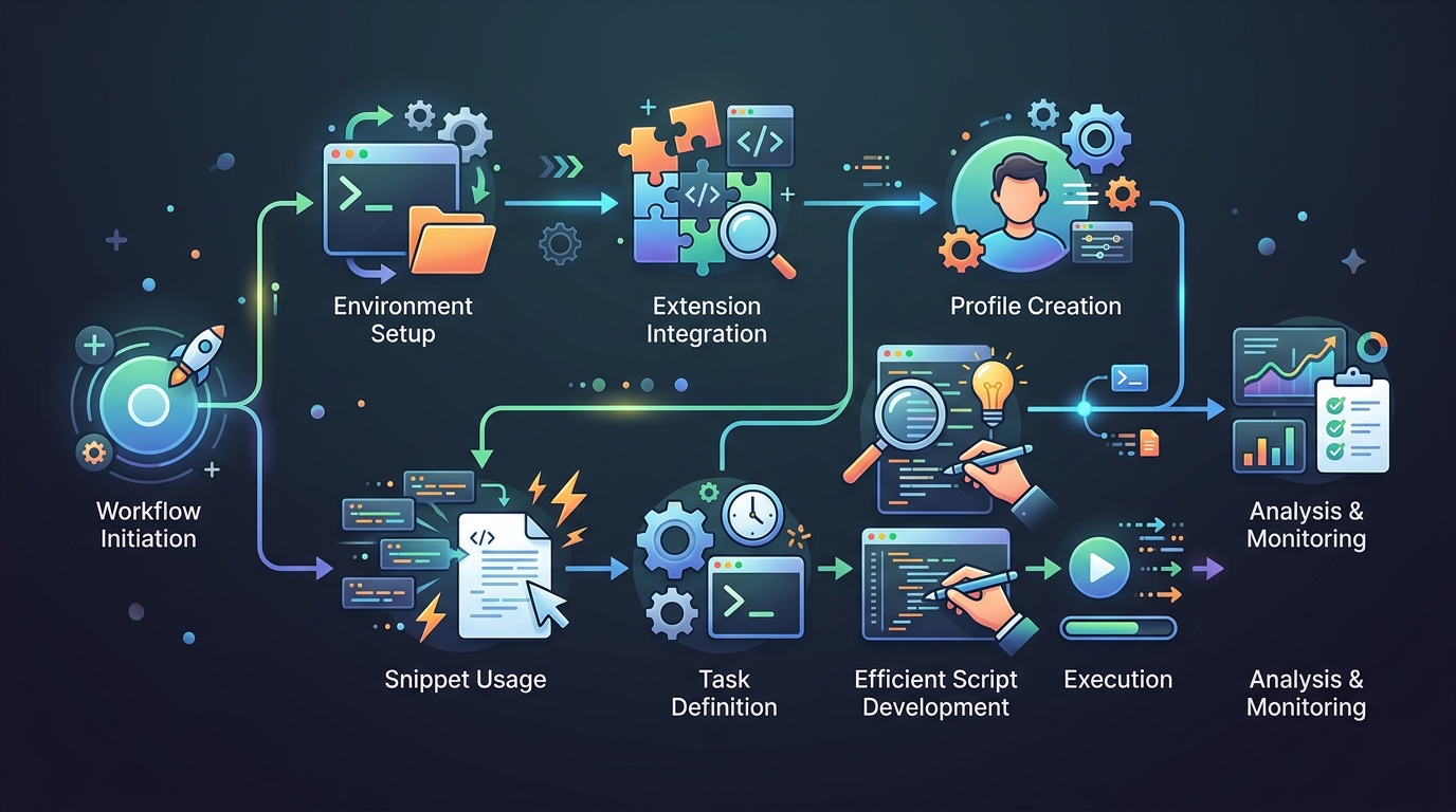 Diagram illustrating the steps of a complete VS Code Python automation workflow, from setup to execution.
