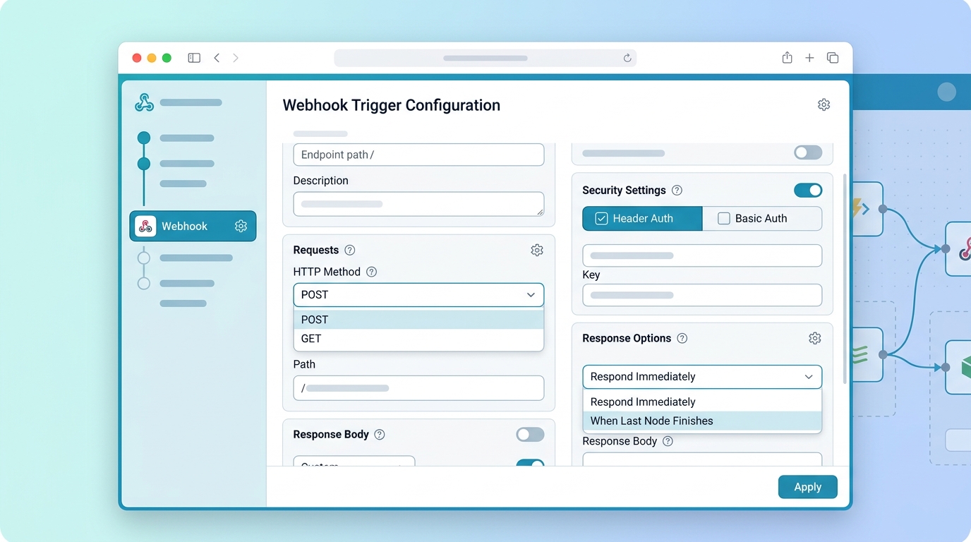 Configuration screen for an n8n Webhook trigger node, displaying options for HTTP method, path, response behavior, and security settings.