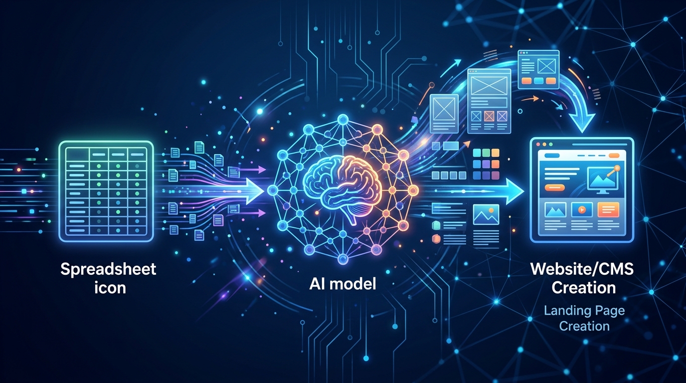 A conceptual diagram illustrating how webhooks trigger the AI landing page creation process, connecting data sources to AI models and then to a CMS.