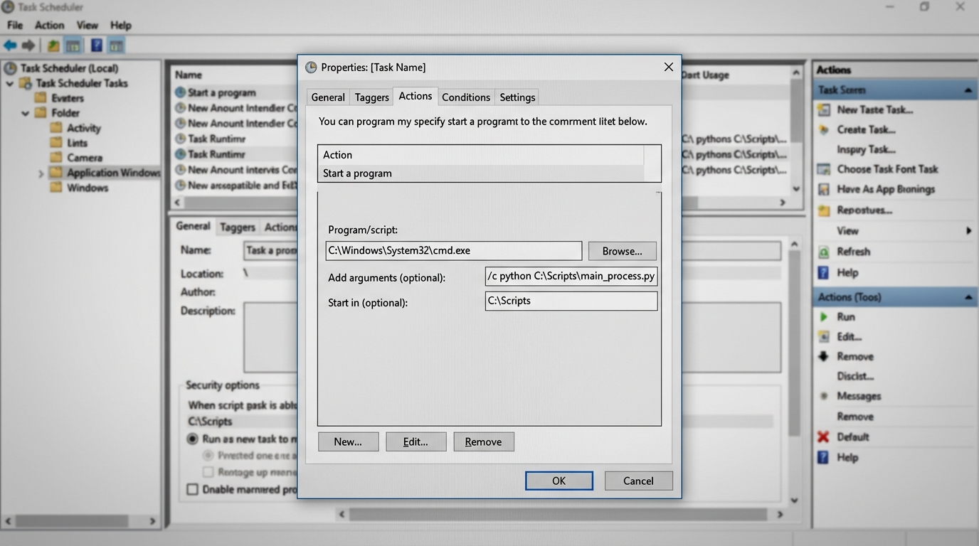 Windows Task Scheduler interface displaying the configuration for a scheduled task that runs a Python script.