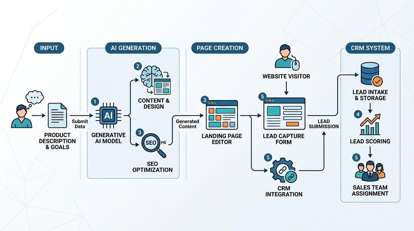 A workflow diagram showing an AI landing page generator seamlessly connecting and transferring lead data to a CRM system.