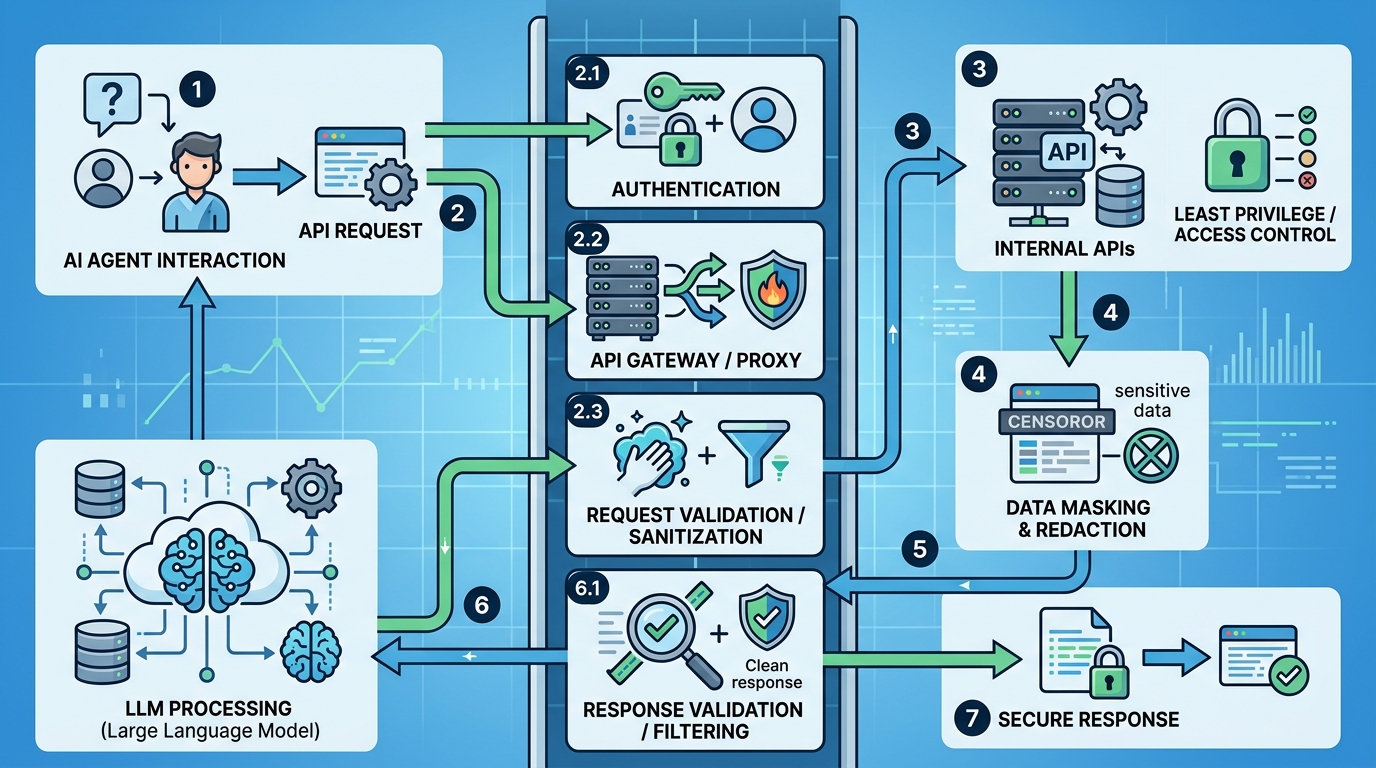 Diagram showing the secure workflow for internal API automation, where an AI agent interacts with internal APIs through a validation proxy, ensuring secure LLM integration.