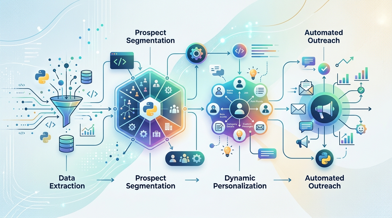 A visual workflow diagram illustrating the systematic steps of Python-driven B2B sales prospecting, from data collection to automated outreach.
