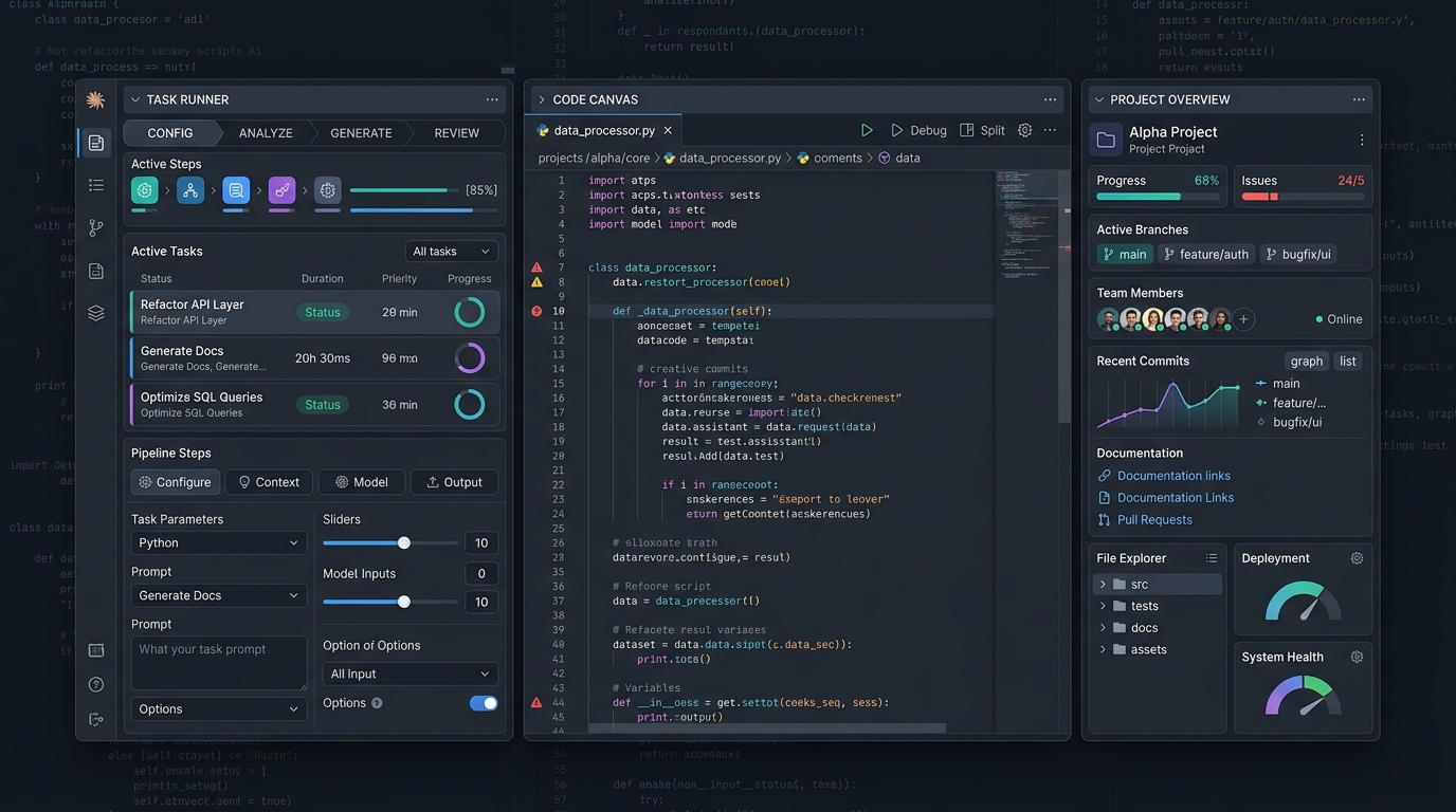 A sophisticated user interface for Claude Code, displaying tools for configuring multi-step coding tasks and managing complex software projects.