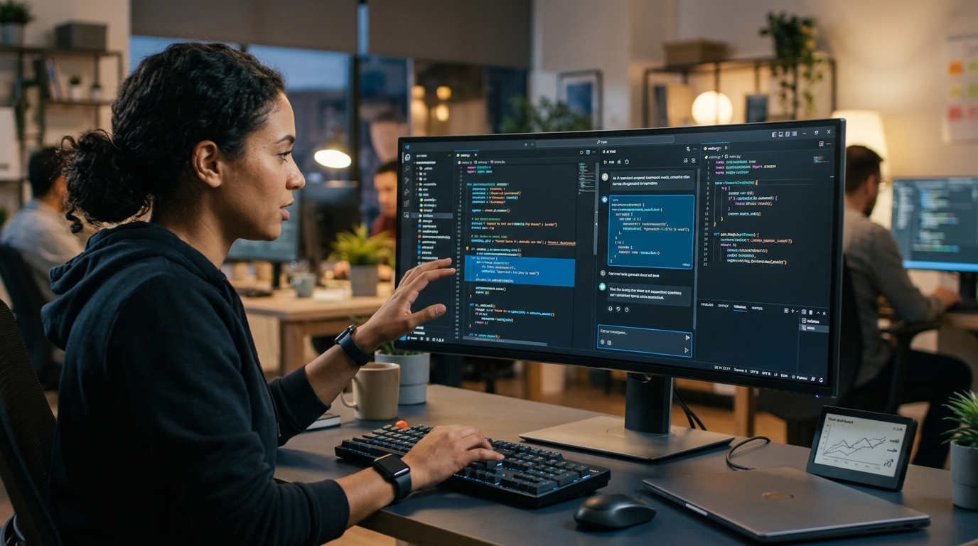 An AI pair programming session in VS Code Insiders, demonstrating code generation, review, and productivity metrics.