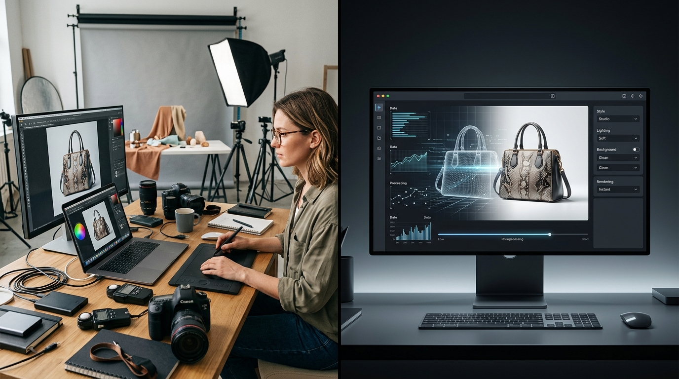 Comparison of manual product image creation versus AI-automated product image generation, highlighting the efficiency and speed of AI.