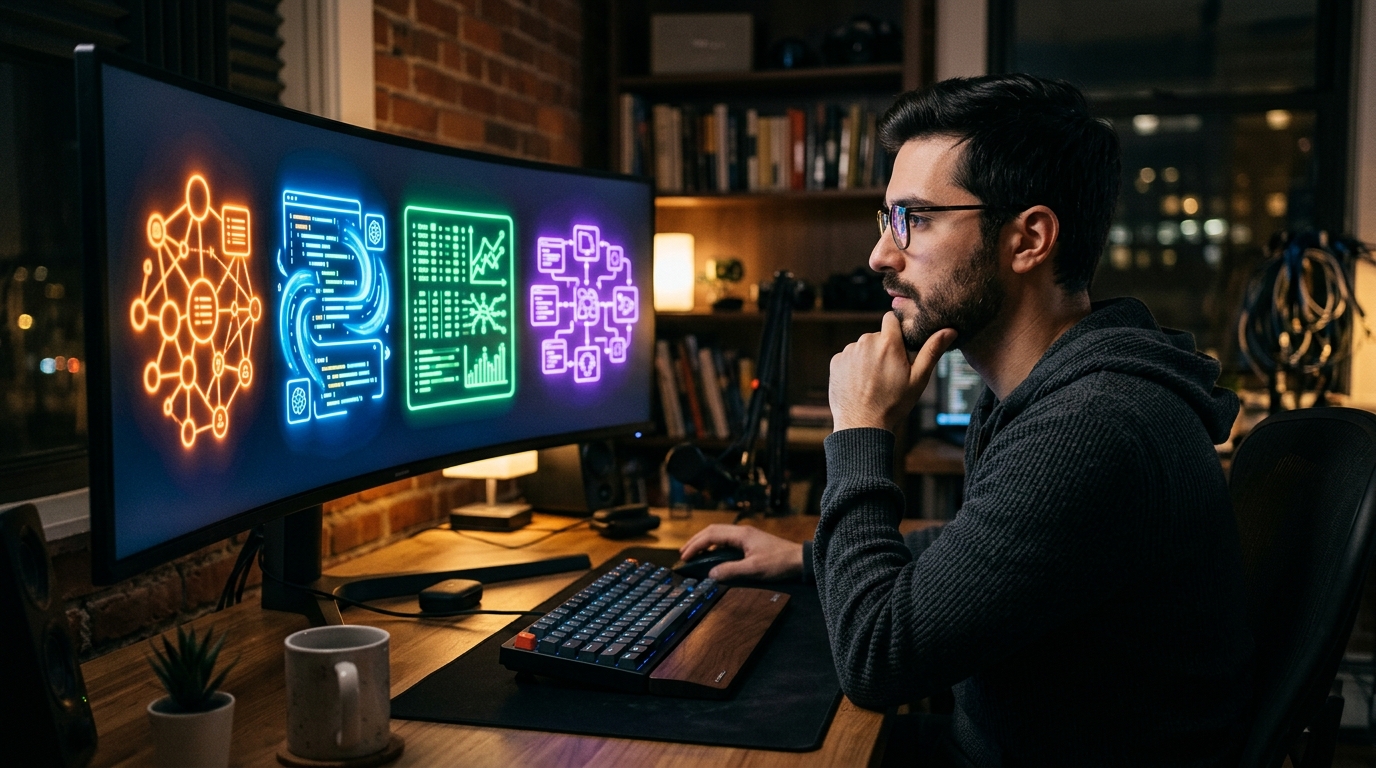 A backend developer contemplating the choice between different AI coding tools, symbolizing the decision-making process for optimal workflow.