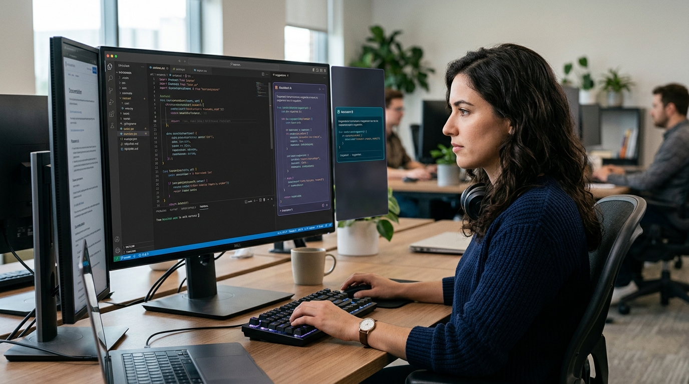 A backend developer comparing two AI coding assistants, Claude Code and GitHub Copilot, within a VS Code interface on a computer screen.