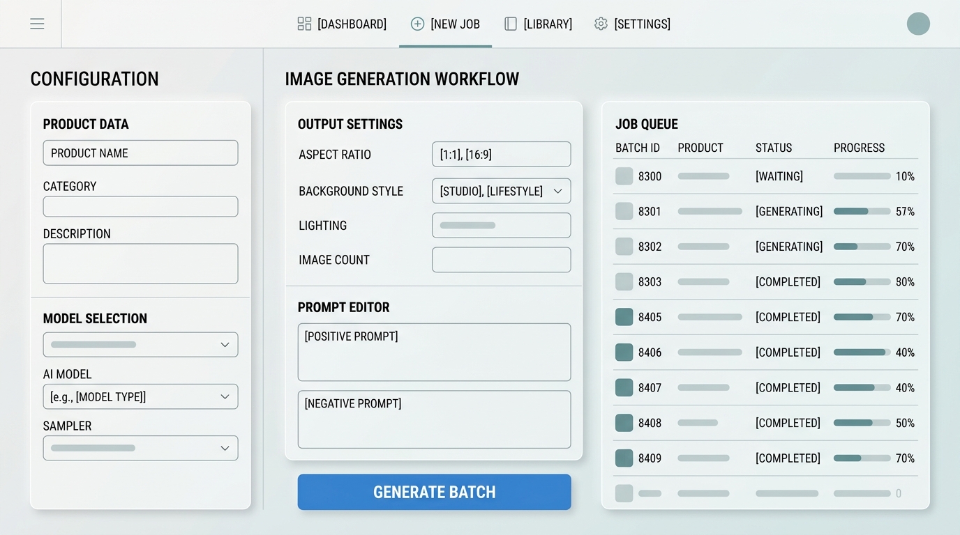 A conceptual user interface showing a batch AI image generation workflow, specifically designed for ecommerce assets, with options for input, model selection, and output settings.