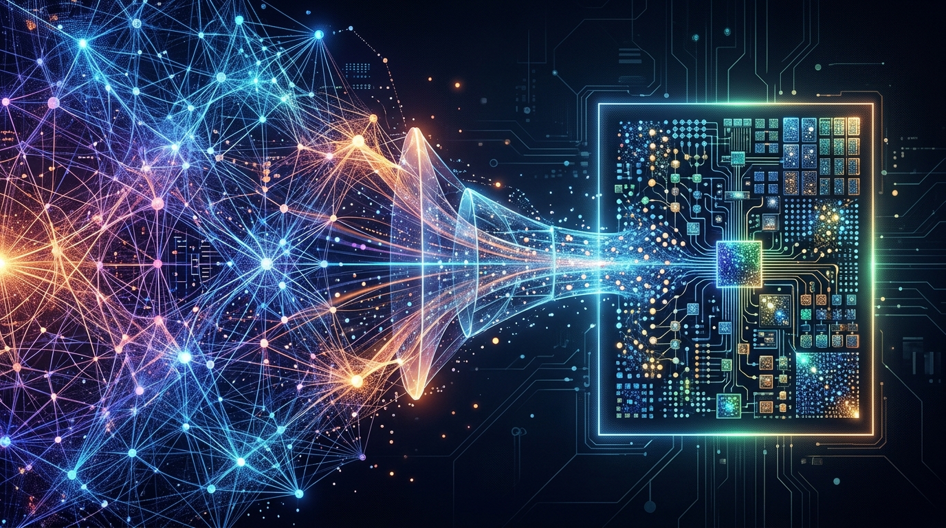 An abstract visual representation of quantized models, illustrating how large AI models are compressed to fit within 16GB of RAM.