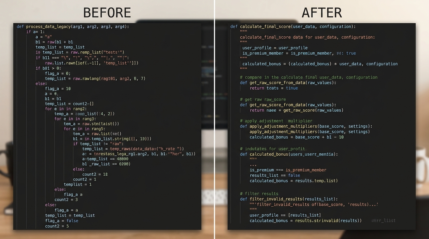 Before and after screenshots of legacy code refactoring using Claude Code showing improved structure and readability
