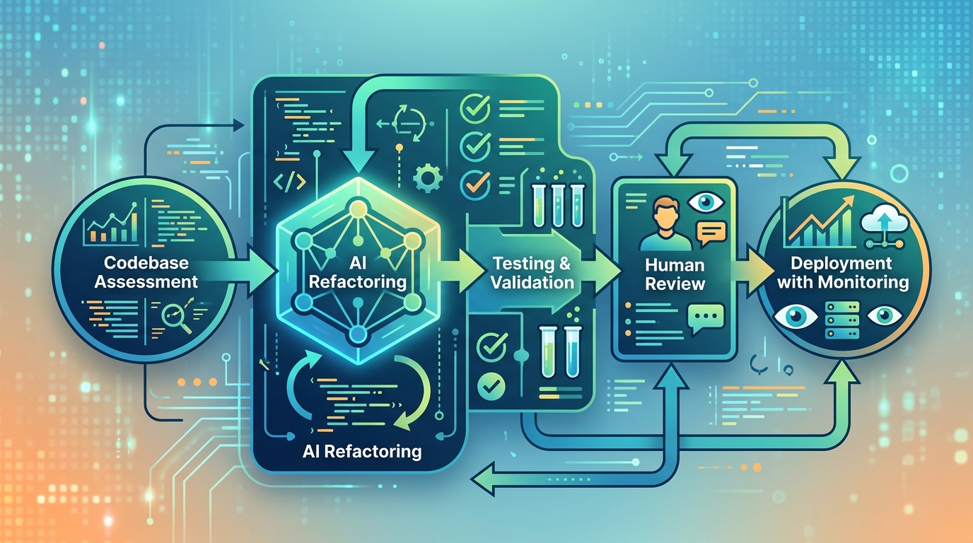 Claude Code safety workflow diagram for legacy codebase refactoring with testing and validation steps