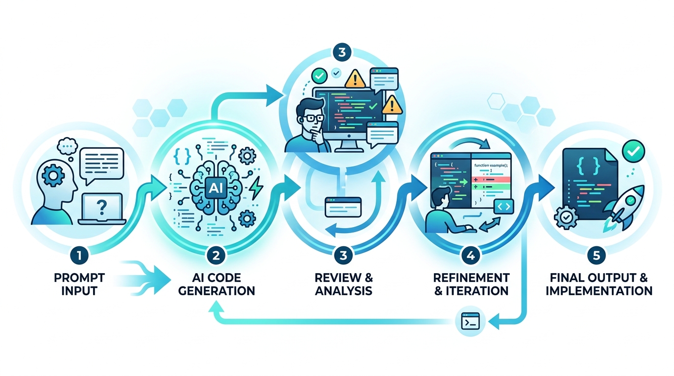 Workflow diagram illustrating the step-by-step process of using Claude Code, from prompt input to code generation and review.