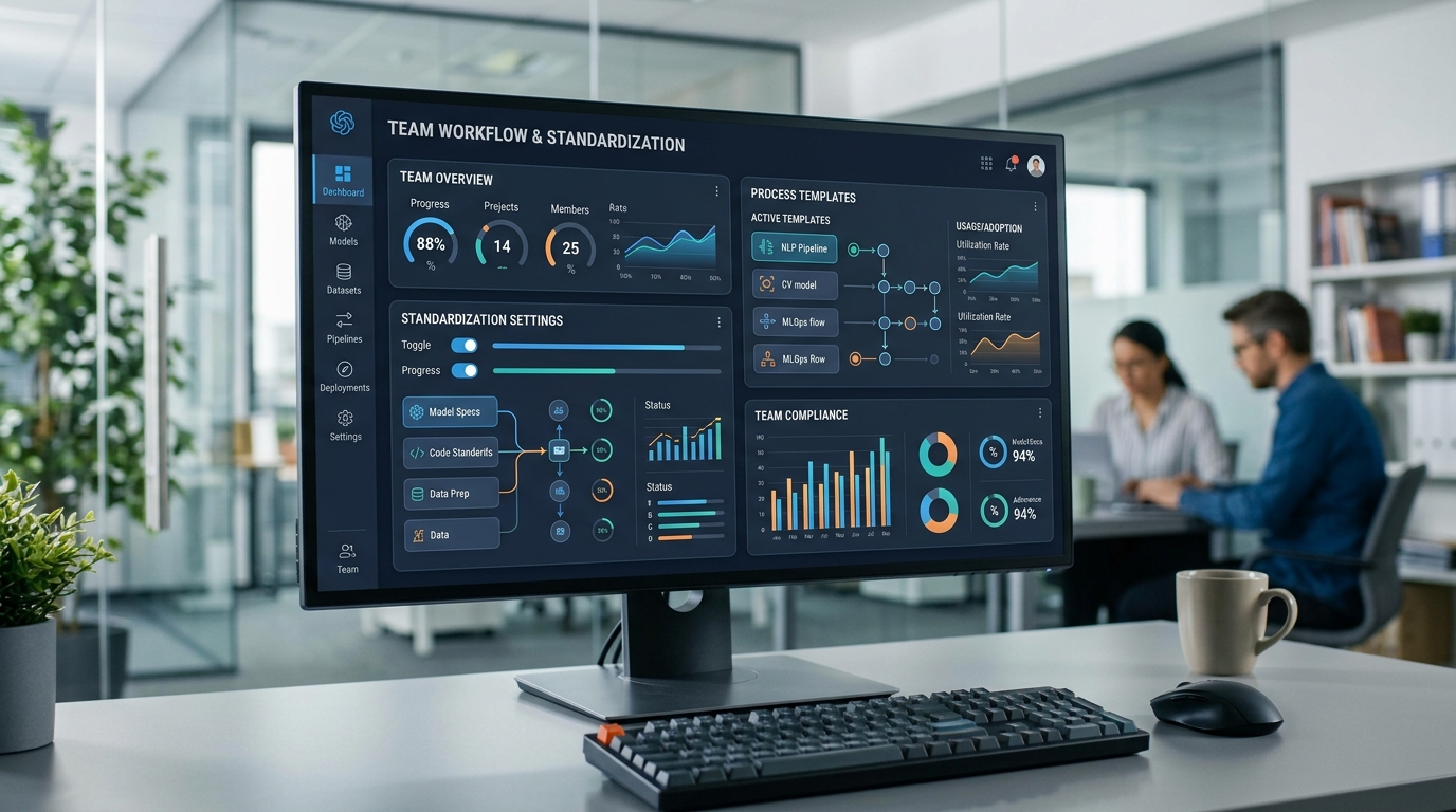 Dashboard view of Claude Skills workflow setup, displaying team standardization settings and AI development process templates for consistent AI coding.