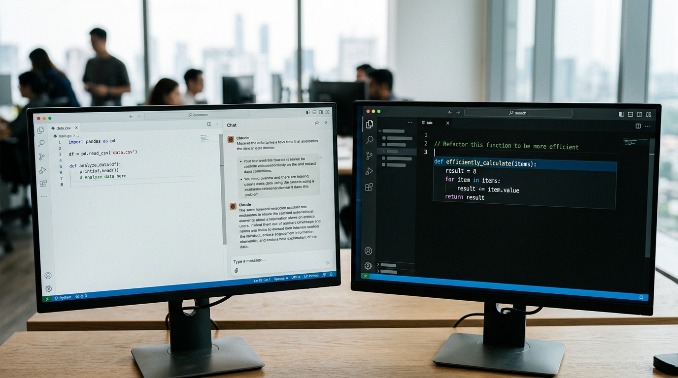 Side-by-side comparison of Claude and GitHub Copilot interfaces, showcasing their different approaches to code generation and analysis.
