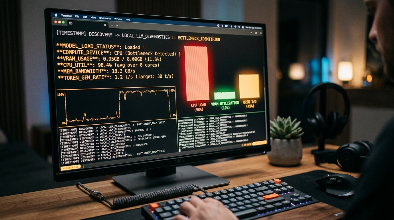 A command line interface showing performance metrics and warnings indicating a hardware bottleneck in a local LLM setup.