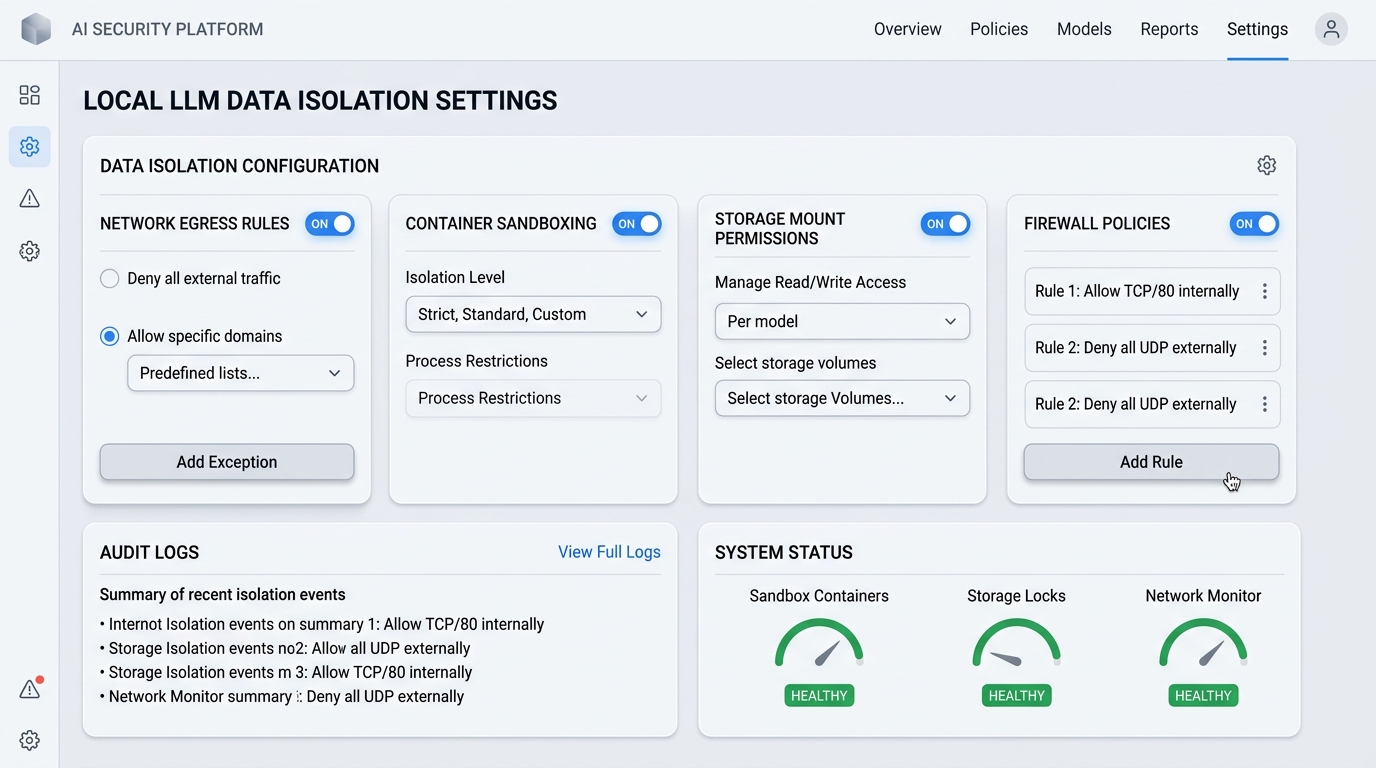 Screenshot of a configuration interface demonstrating settings for local LLM data isolation.