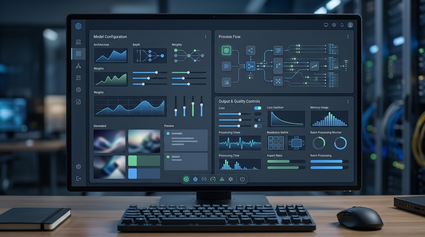 A clean, modern configuration screen for a local AI image generation server, showing settings for models, outputs, and workflows.