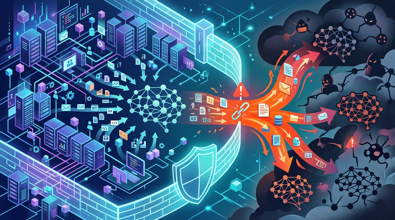 An illustration depicting the various ways data leakage can occur through Large Language Models within enterprise network environments.
