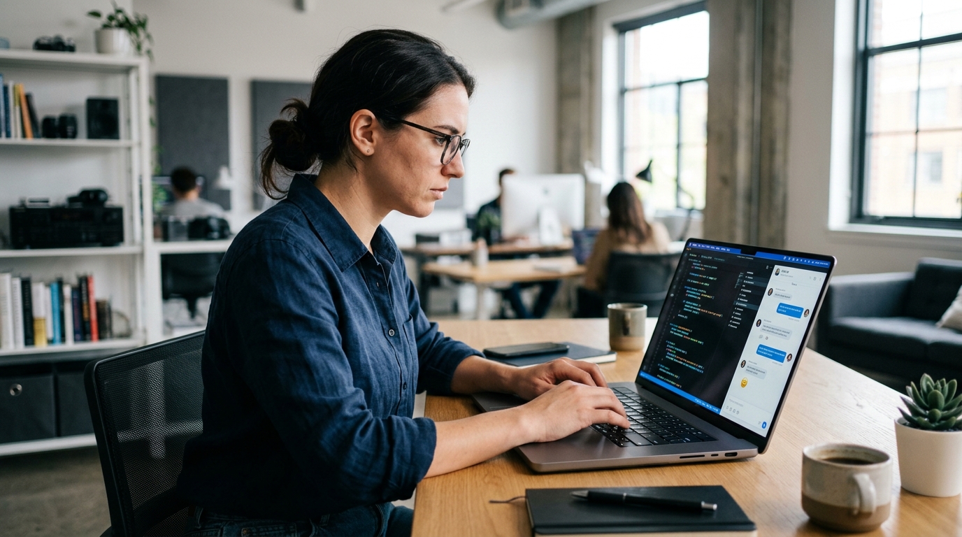 A developer working on a laptop, running a local large language model for coding assistance.