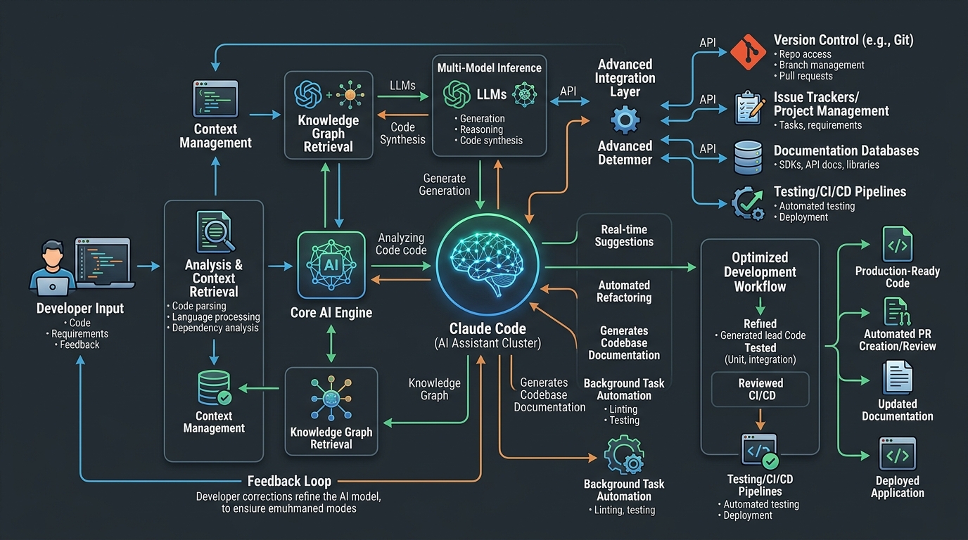 A detailed workflow diagram for Claude Code, showing API integration points and advanced automation strategies for AI-driven development.