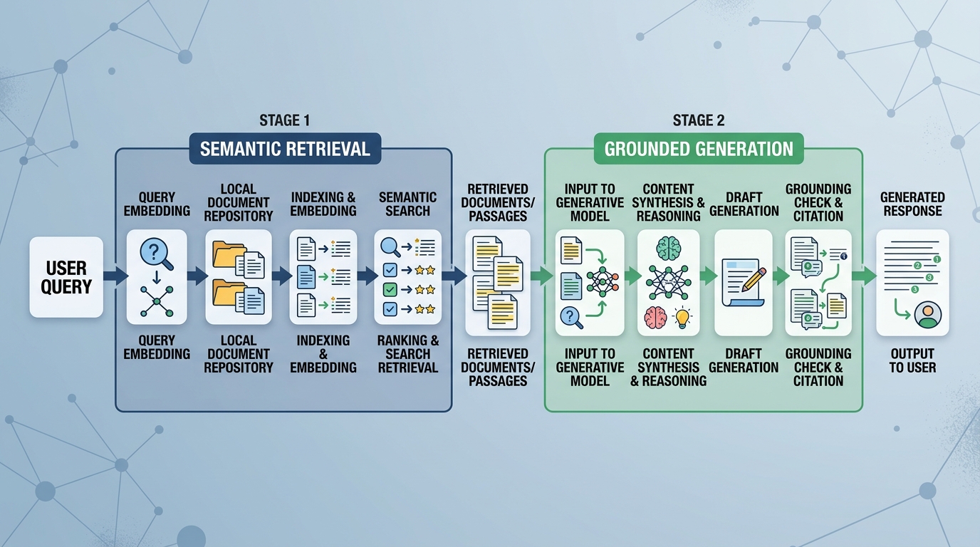 Flowchart illustrating the process of document retrieval generation on local documents, detailing semantic retrieval and grounded response generation stages.