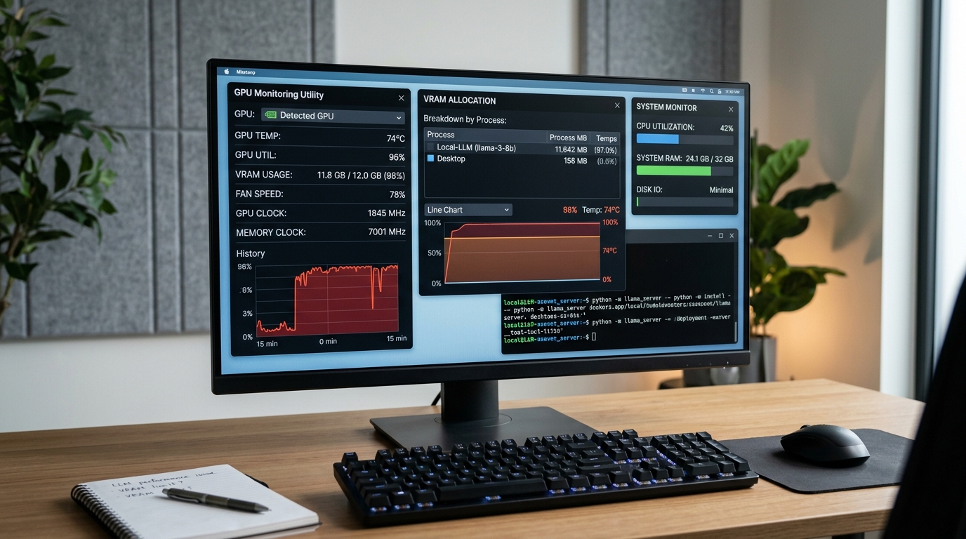 Screenshot of GPU monitoring tools displaying high VRAM usage and GPU activity during local LLM inference.