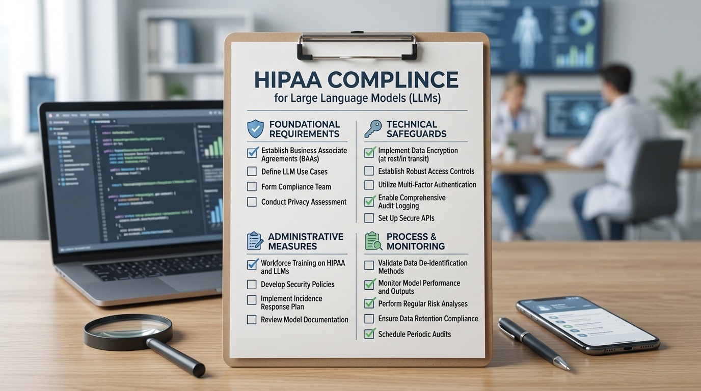 Checklist for ensuring HIPAA compliance and security for Large Language Models in healthcare, covering aspects like BAAs, encryption, access control, and data de-identification.