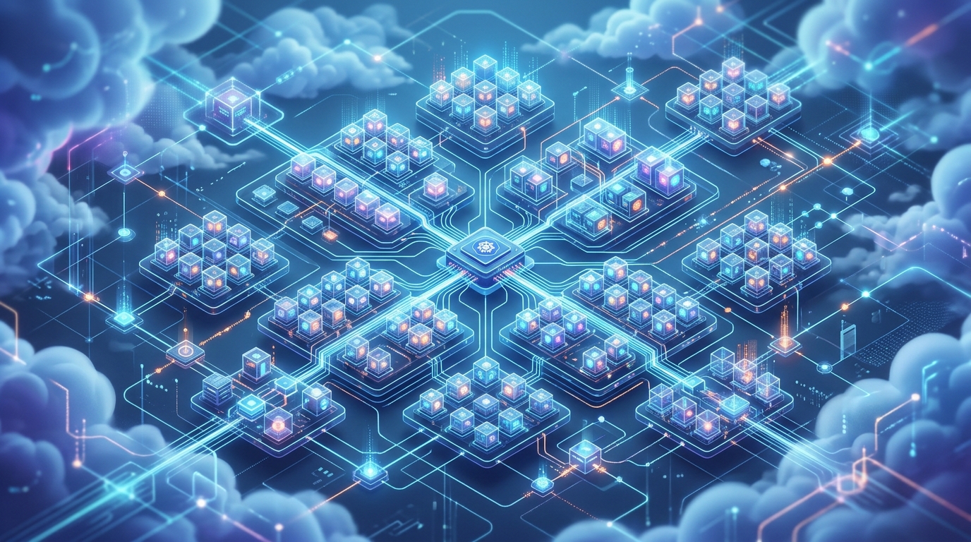 Abstract visualization of Kubernetes configuration, showing interconnected containers and automated infrastructure management.
