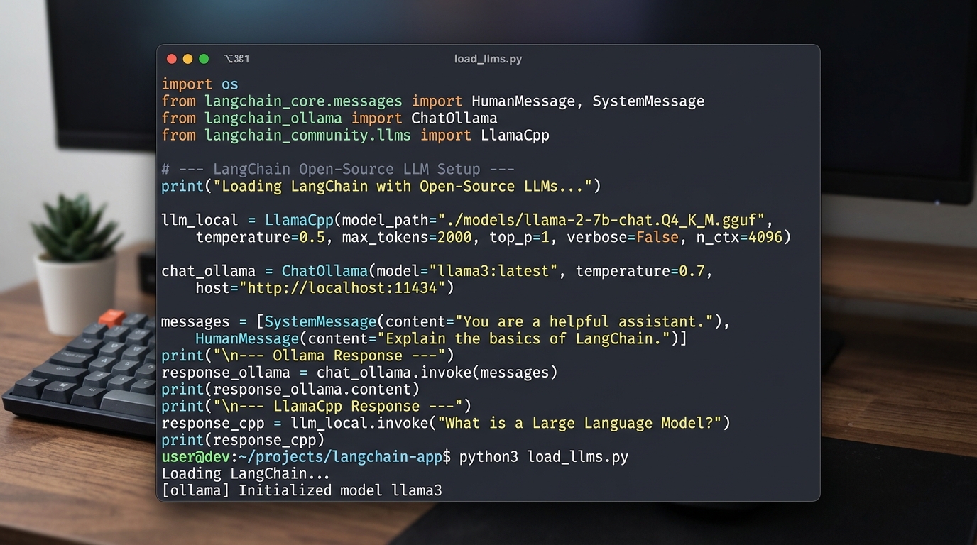 Terminal window displaying Python code for loading an open-source LLM using LangChain's ChatOllama and LlamaCpp integrations.