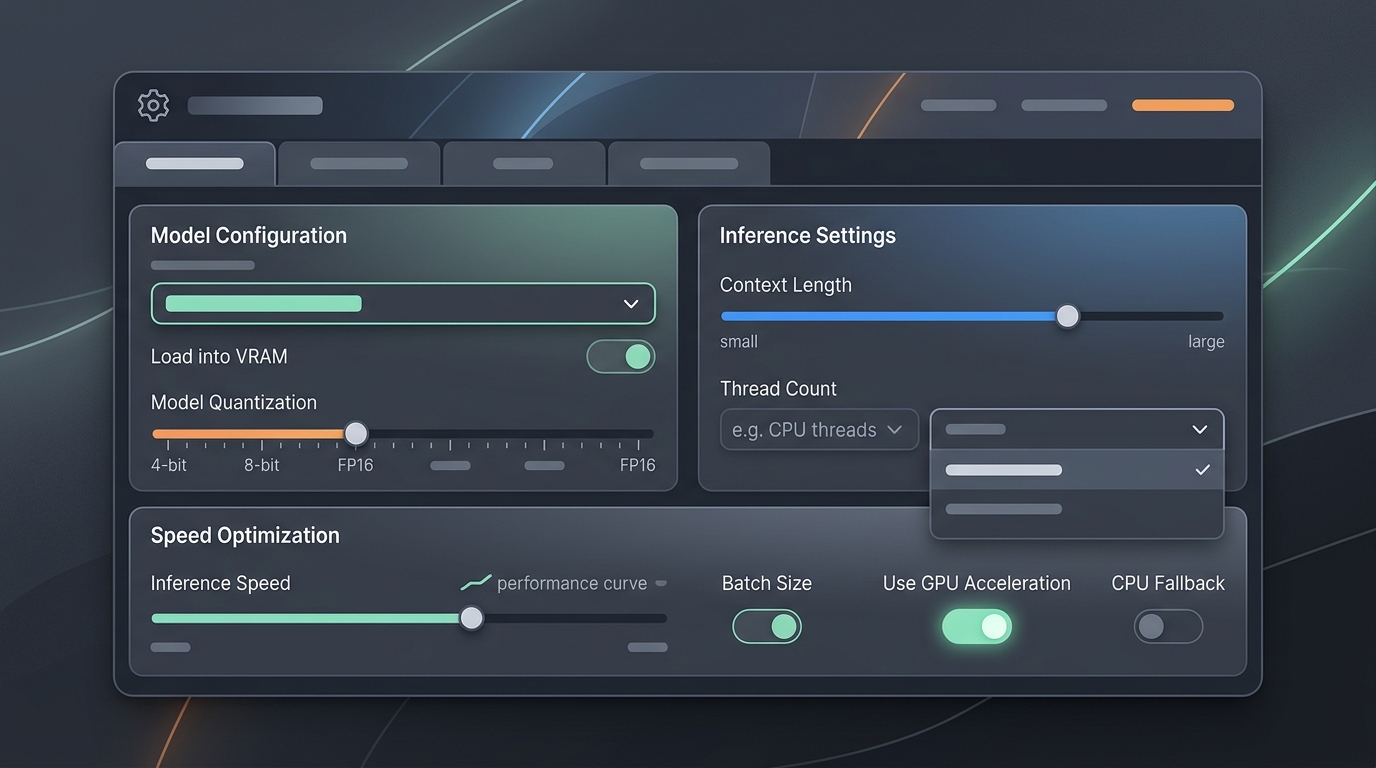 A conceptual settings interface demonstrating options for local LLM speed and quantization optimization.