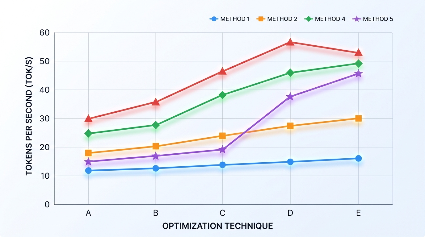 Chart showing how various optimization techniques improve local LLM tokens per second performance.