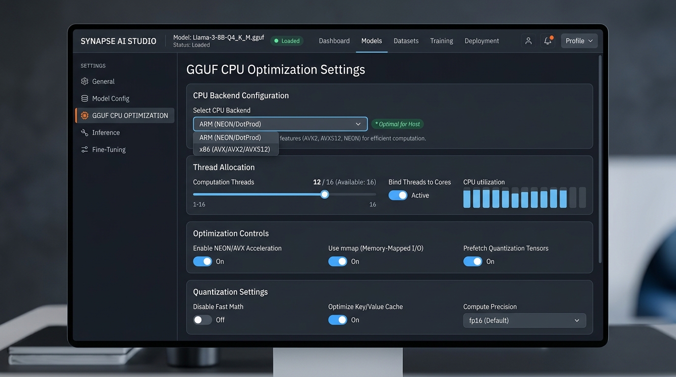 LM Studio interface displaying GGUF for CPU optimization settings