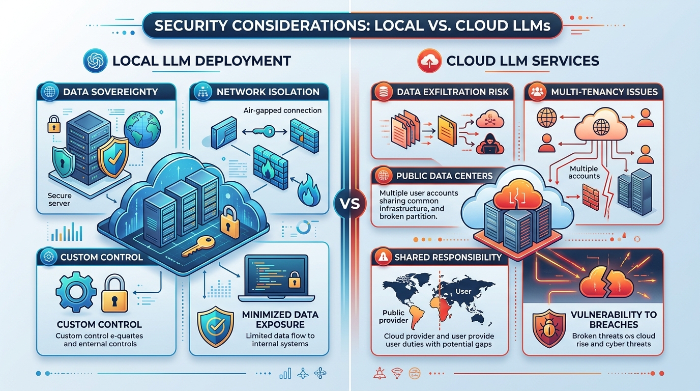 Comparison chart highlighting the security benefits of local LLM deployments against the risks associated with cloud LLM services.
