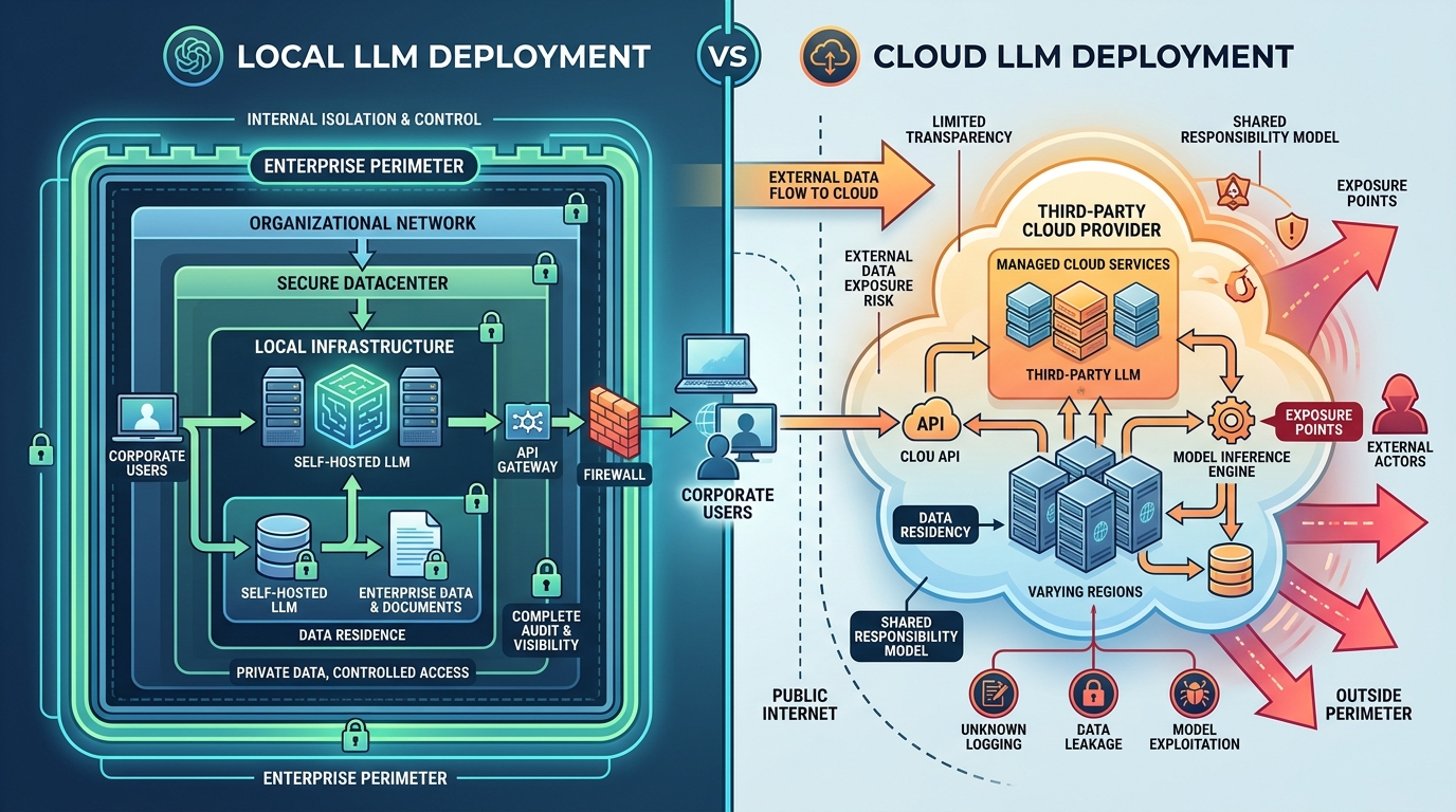 Diagram comparing the security architectures of local LLM deployments versus cloud LLM setups, highlighting data flow and control points.