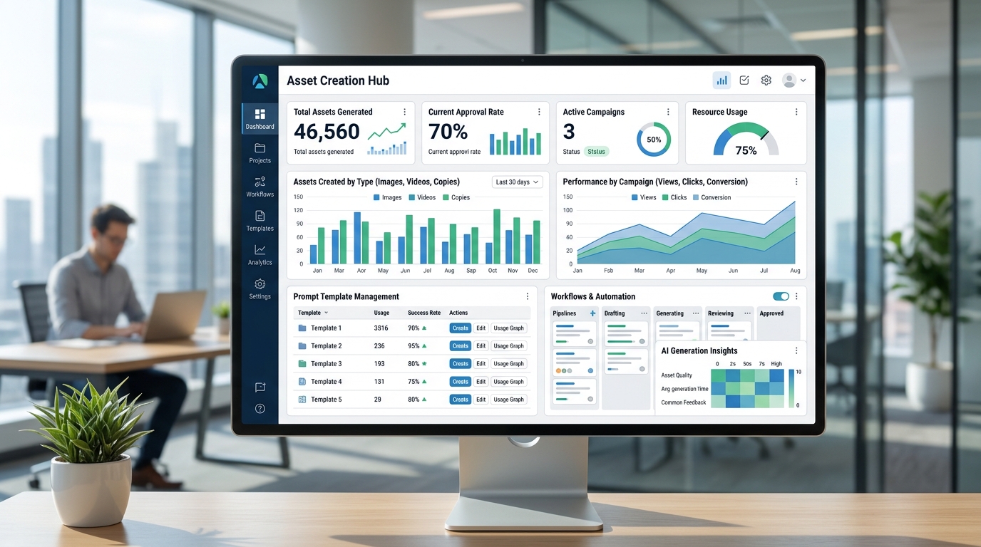 A marketing dashboard interface for automated asset creation AI tools, showing metrics and controls for managing image generation workflows.