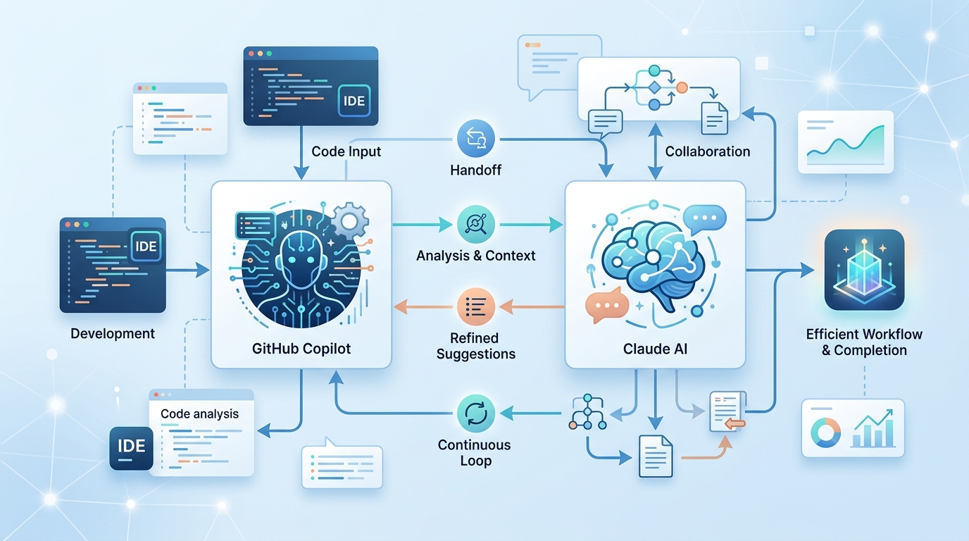 Multi-agent development workflow diagram showing task distribution between GitHub Copilot and Claude AI