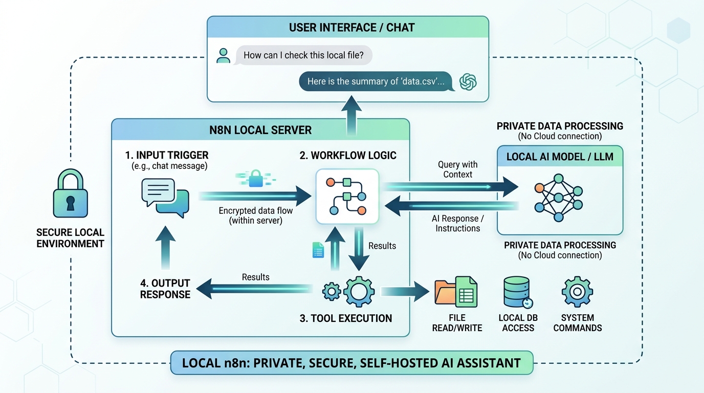 Diagram showing an n8n local AI assistant processing data and executing tasks entirely within a private, on-premise network using a local LLM, bypassing cloud AI services.