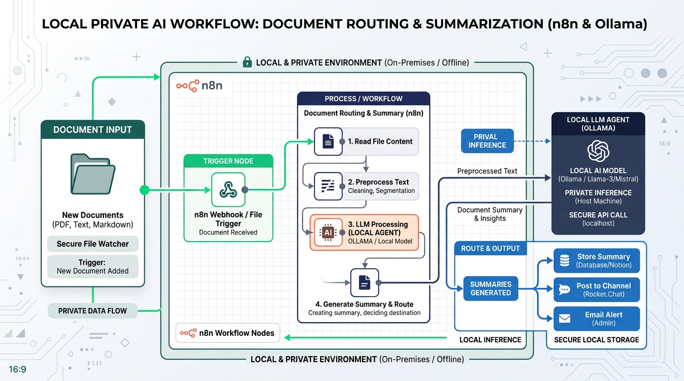 Workflow diagram in n8n demonstrating a private AI agent locally routing and summarizing documents using an on-premise LLM, ensuring data privacy.