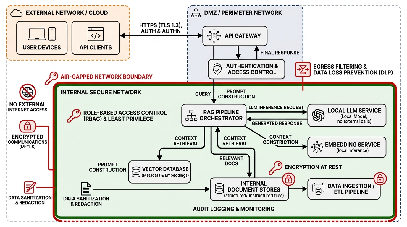 Diagram illustrating a secure network architecture for preventing data leakage from local LLMs.