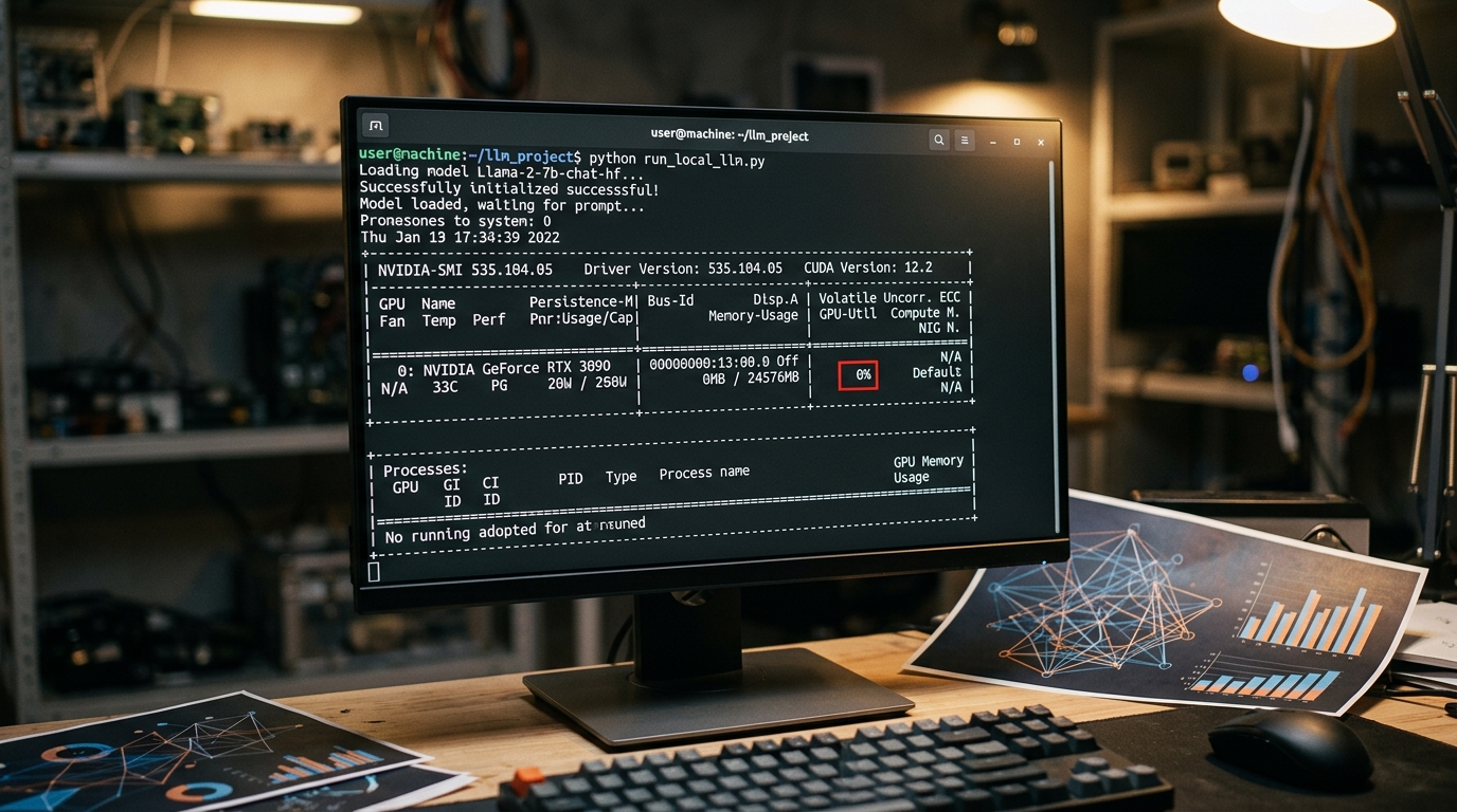 A terminal screen showing nvidia-smi output, indicating that the GPU is not being utilized by a local LLM, with 0% GPU activity.