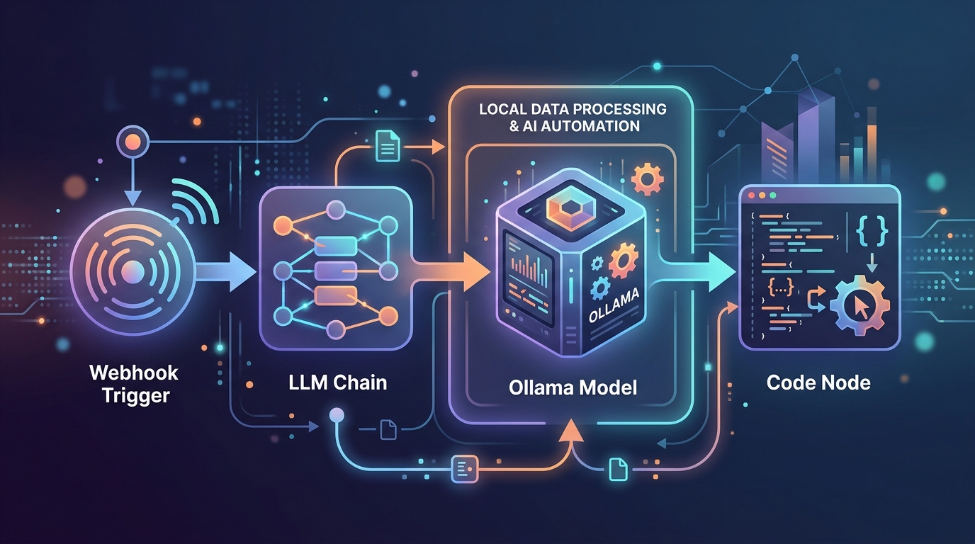 Diagram illustrating a step-by-step fully local AI automation workflow using n8n and Ollama, showing data flow from a webhook trigger through an LLM chain and Ollama model node to a JSON parser code node.
