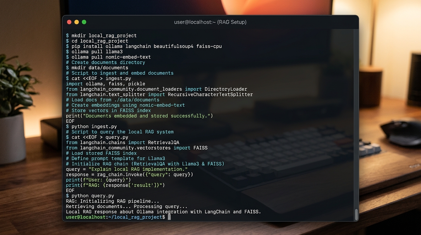 Terminal screenshot demonstrating the step-by-step commands for setting up an Ollama RAG system, including Ollama installation, model pulling, and Python environment setup.