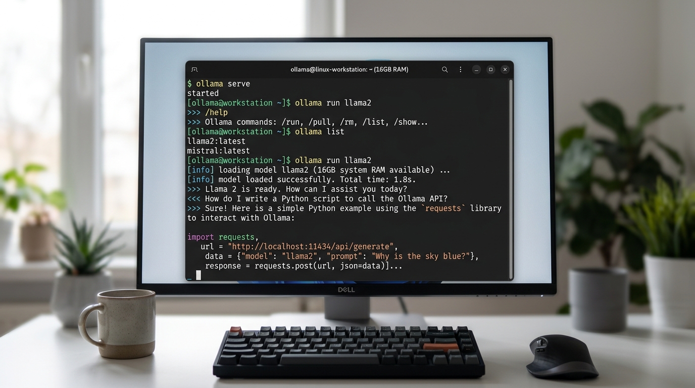 A terminal window showing Ollama commands and output, demonstrating the execution of large language models on a system with 16GB RAM.