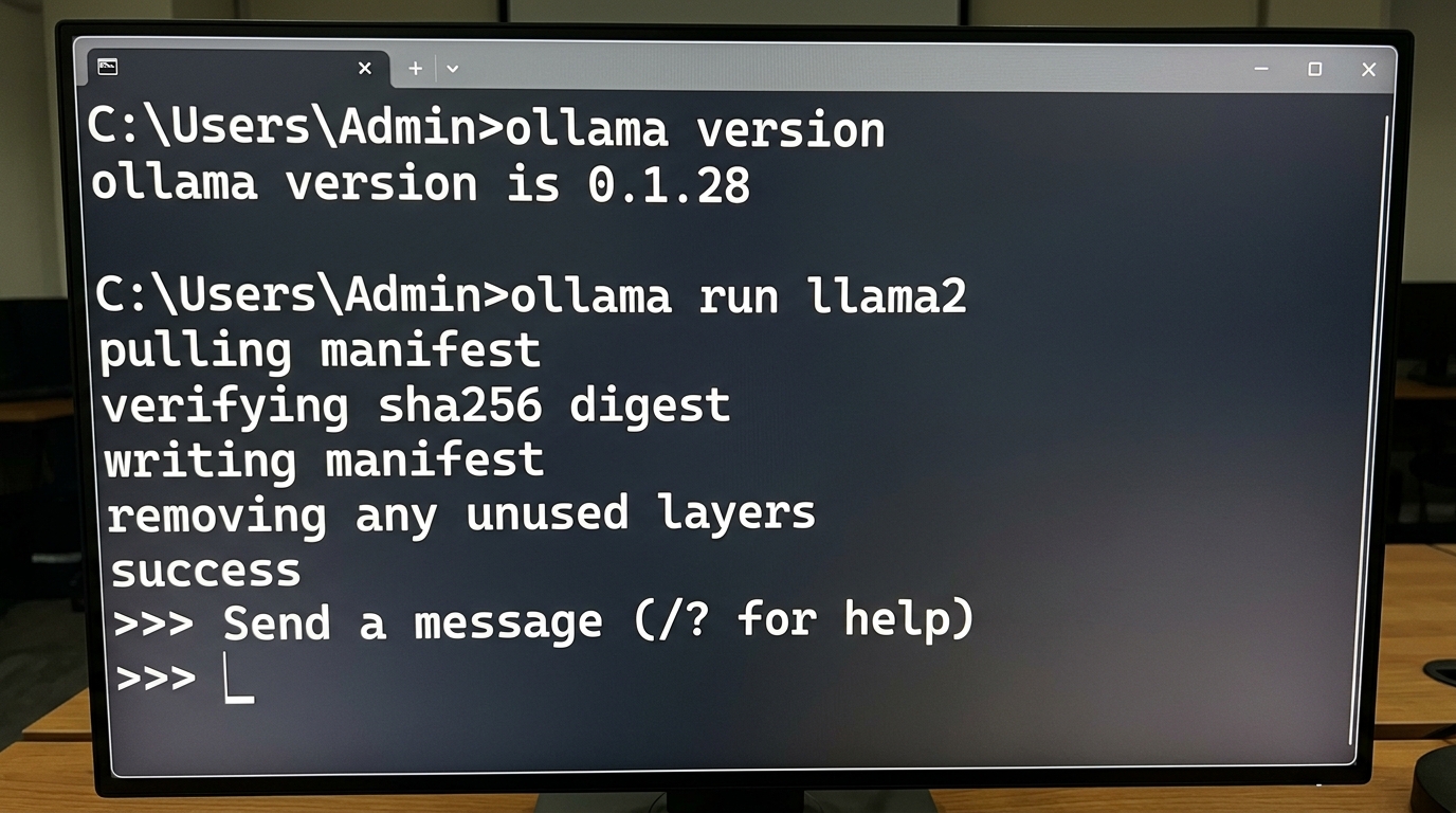 Windows command prompt displaying Ollama version and a running model prompt indicating successful CPU setup.