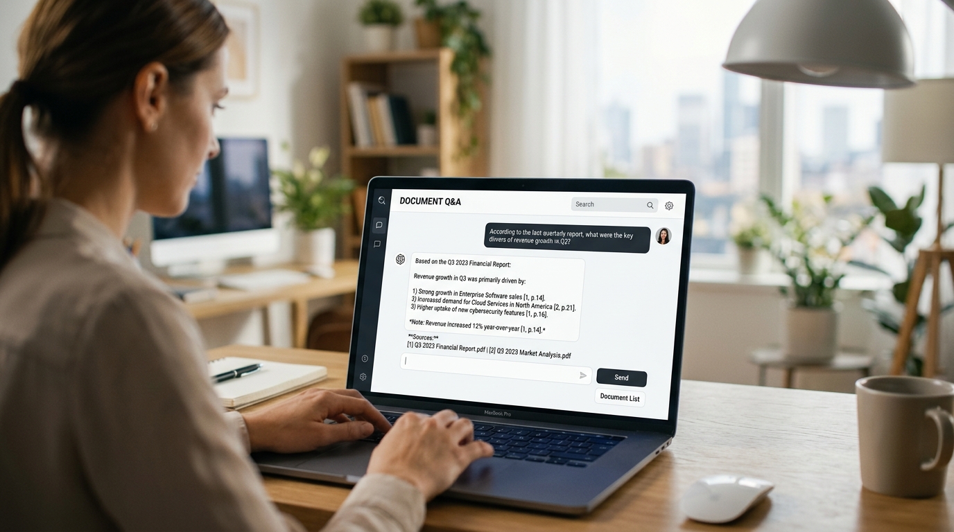 Screenshot-like example of a private AI chatbot interface for document Q&A using a local LLM, showing a chat window with a user query and a generated response with citations.