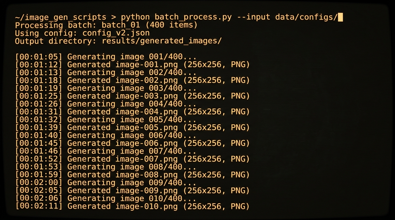 A terminal window showing output from a Python script, indicating successful batch image generation.