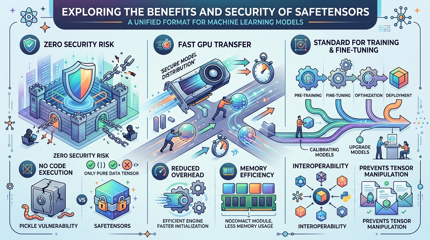 Infographic detailing the benefits and security features of Safetensors, highlighting zero security risk, fast GPU transfer, and its role as a training and fine-tuning standard.