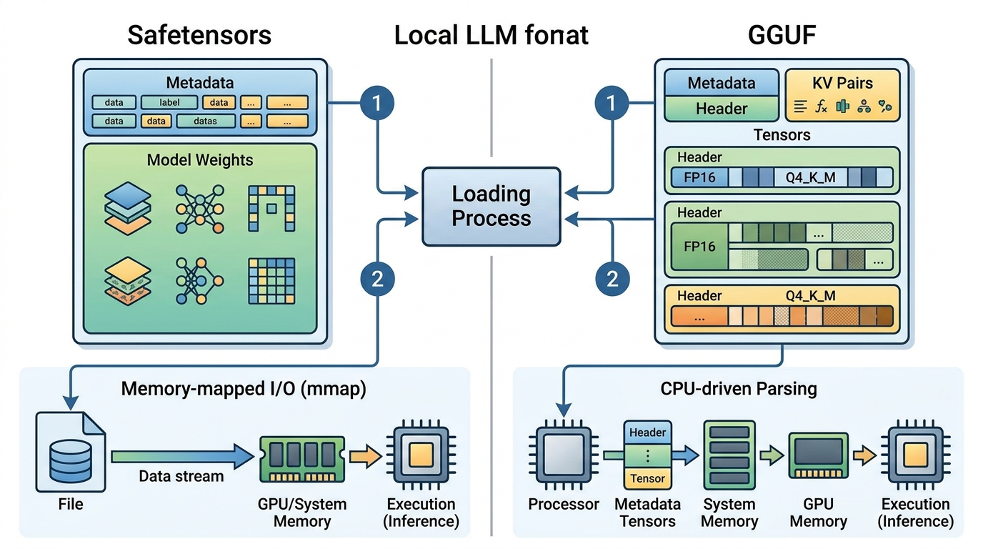 Diagram comparing the architectural structures of Safetensors and GGUF for local LLMs.