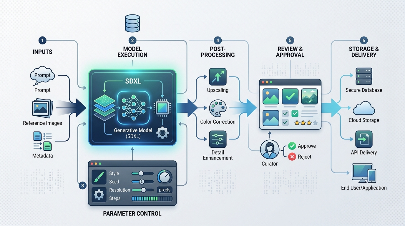 A diagram illustrating the stages of a scalable AI image generation pipeline, from input to delivery, with SDXL as a model example.